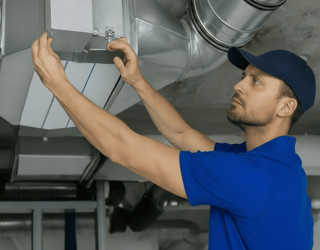 technician inspecting and servicing commercial HVAC duct system in Columbia MO