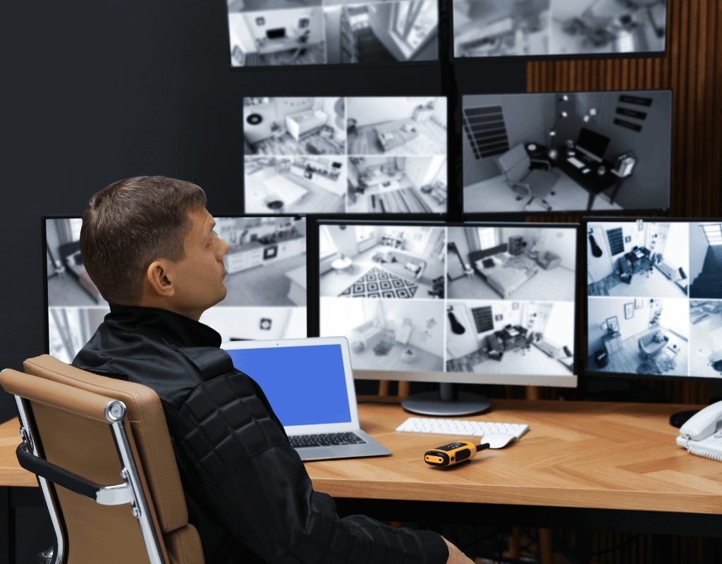 security professional monitoring multiple surveillance screens in control room in Columbia MO