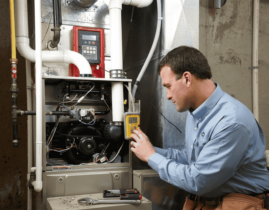 technician inspecting and repairing home furnace system in Columbia MO